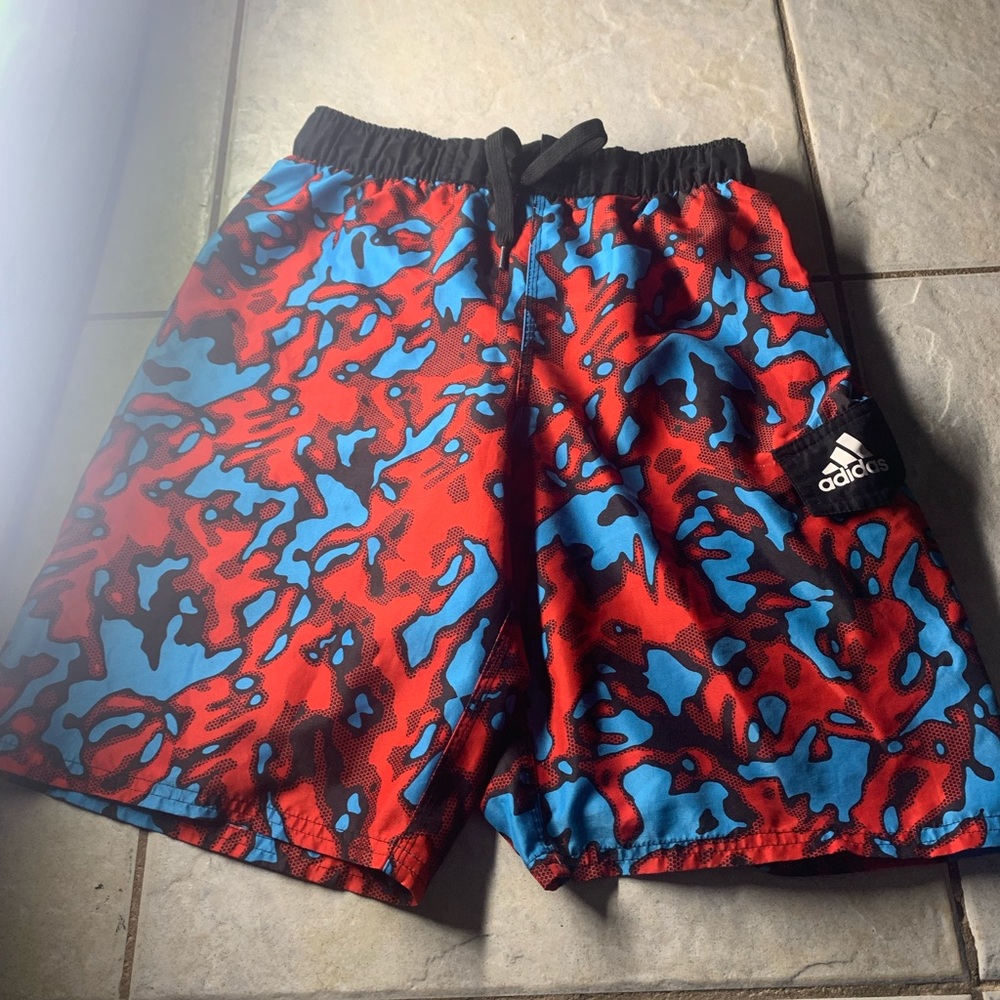 Blue and red Adidas swim shorts